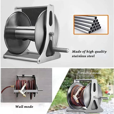 Heavy Duty Retractable Garden Hose Reel With Attached Fifty Meter Hose Wall Or Floor Mount Solid Metal Winder shown in wall and portable modes.