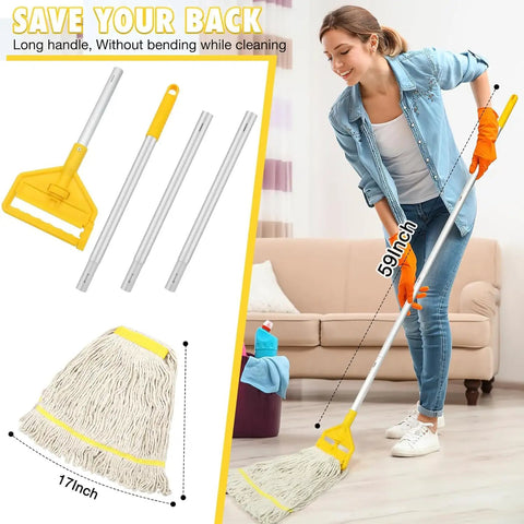 60 Inch Heavy Duty Mop Handle Featuring Upgraded Loop End Clamp And Smooth Grip Built Tough For Commercial Floors To Handle Heavy Scrubbing Tasks Without Breaking A Sweat, shown with mop head and poles.