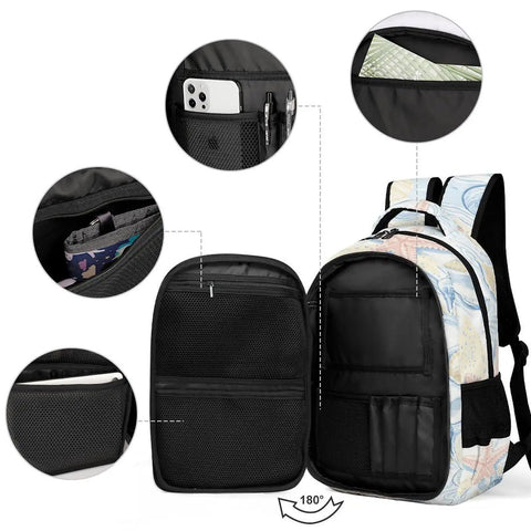 Interior view of Coastal Beach Vibe Starfish Conch Repeat Print Unisex Backpack with large capacity and zippered compartments.