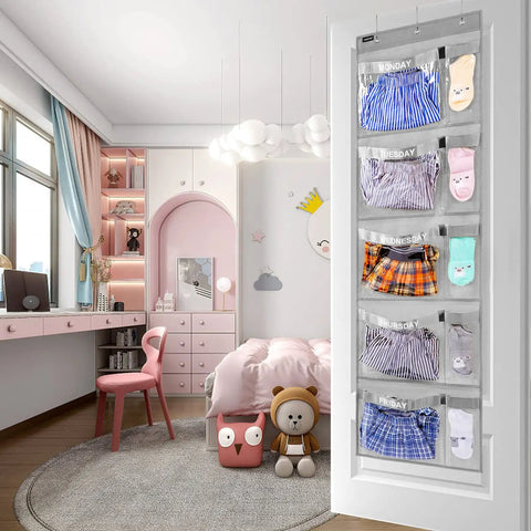 Weekly Kids Closet Organizer Hanging Wardrobe Organizer Monday Through Friday With Clear PVC Pockets Five Large Compartments Grey