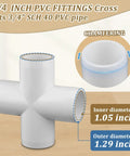 12 Pack Three Quarter Inch PVC Cross Fittings Furniture Grade Four Way UV Resistant For SCH40 Pipe, shown with dimensions