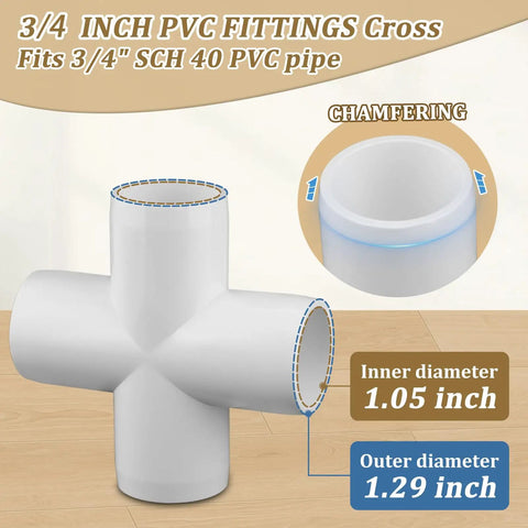 12 Pack Three Quarter Inch PVC Cross Fittings Furniture Grade Four Way UV Resistant For SCH40 Pipe, shown with dimensions