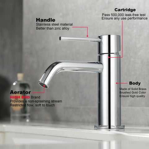 Single Hole Chrome Bathroom Faucet With One Handle For Sink Drip Free Stainless Steel Fixture Pop Up Drain Assembly side view