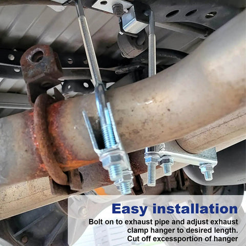 3 Inch Exhaust Clamp With Hanger Kit For Cars Trucks And SUVs installed on exhaust pipe, showing heavy duty steel clamp.