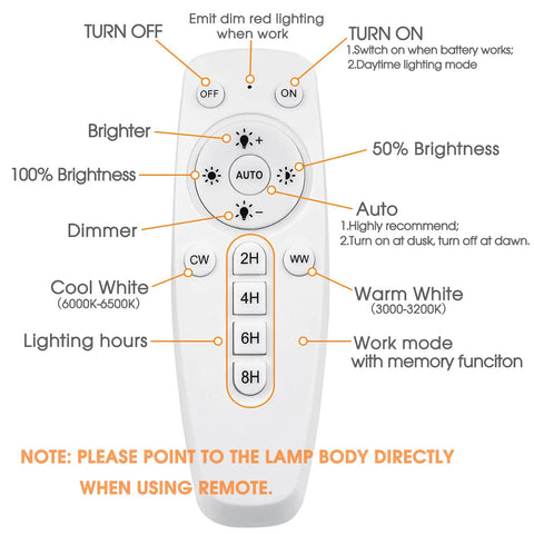 Remote control for Dual Head Solar Pendant Lights IP65 Waterproof 6000K And 3000K Dimmable With Remote And Timer, showing buttons.