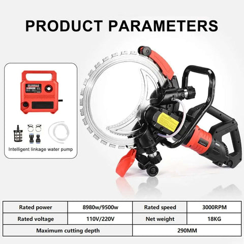 Heavy Duty Concrete Ring Saw With Massive 11 Inch Cut Depth And Commercial Diamond Blade, showing motor and water pump.
