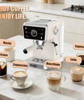 Smooth Semi Automatic Espresso Machine With 20 Bar Pressure And Built In Milk Steam Wand For Rich Crema Extraction Along With A 1.5L Removable Tank For Stress Free Daily Brewing Vibes on kitchen countertop with various coffee drinks.