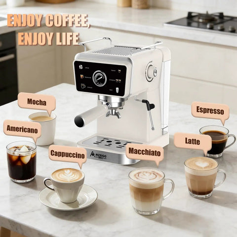 Smooth Semi Automatic Espresso Machine With 20 Bar Pressure And Built In Milk Steam Wand For Rich Crema Extraction Along With A 1.5L Removable Tank For Stress Free Daily Brewing Vibes on kitchen countertop with various coffee drinks.