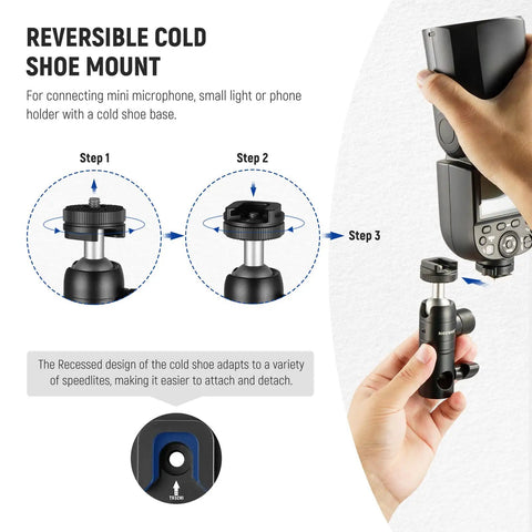 Light Stand Mount Adapter With Cold Shoe And Quarter Inch Screw Mini Ball Head showing reversible mounting steps