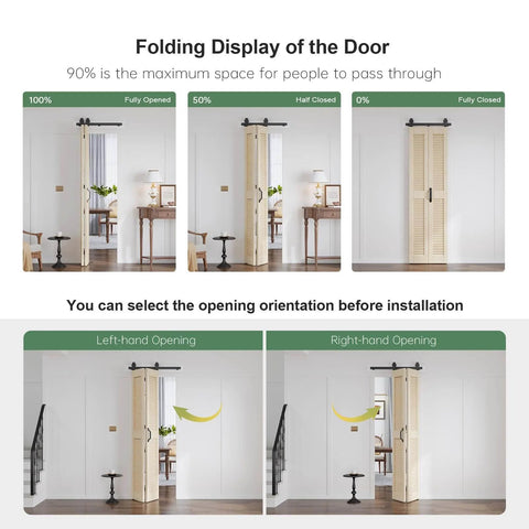 Space Saving Bifold Barn Door Set 36 X 84 Inch Double 18 X 84, Louver Sliding Closet Wood Bi-Folding Doors in different folding positions