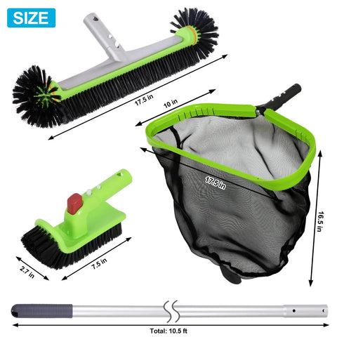 Ultimate Pool Cleaning Kit With 10.5 Foot Pole For Easy Debris Removal Includes Heavy Duty 17.5 Inch Round Net Brush Rotatable Scrub Brush And Corner Cleaning Accessory For Quick Pool Maintenance. Size chart of pool brush, net, and 10.5 ft aluminum pole