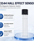 Top Shelf A3144 Hall Effect Sensor 3 Pin Magnetic Switch on a digital background showing reliability features and precision measurements.