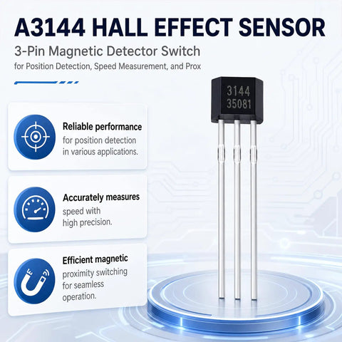 Top Shelf A3144 Hall Effect Sensor 3 Pin Magnetic Switch on a digital background showing reliability features and precision measurements.