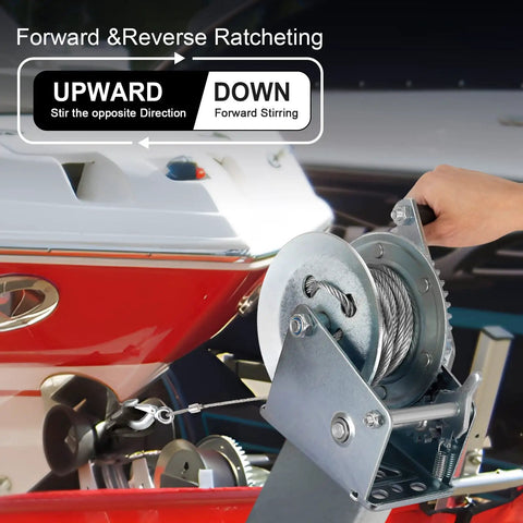 Beefy Heavy Duty Hand Winch 3500 Lbs With 32 Ft Steel Wire Rope Hand Crank Winch For ATVs Boats Trailers Trucks Auto Marine 4 To 1 And 8 To 1 Gear Ratios Durable And Reliable, shown with forward and reverse ratcheting