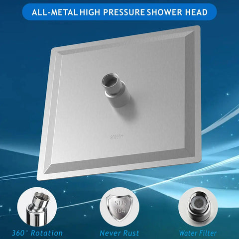 High Pressure Rain Shower Head With 304 Stainless Steel Build, 8 Inch Brushed Nickel Finish, top view with fittings shown.