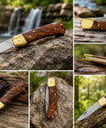 Handmade Folding Pocket Knife With Rosewood Handle And Brass Bolsters, Lockback EDC, 2.2 Inch Blade, outdoors on rock