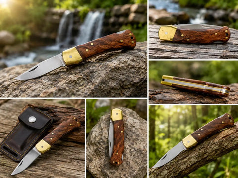 Handmade Folding Pocket Knife With Rosewood Handle And Brass Bolsters, Lockback EDC, 2.2 Inch Blade, outdoors on rock