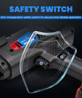 Newtry Cordless Rebar Tie Gun Automatic Electric Tying Tool With 12.8V Battery showing safety switch for secure operation.