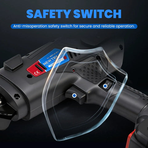 Newtry Cordless Rebar Tie Gun Automatic Electric Tying Tool With 12.8V Battery showing safety switch for secure operation.