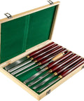Eight Piece Wood Lathe Chisel Kit With HSS Blades in wooden case, set of red-handled woodworking tools for carving and turning.
