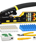 Pass Through RJ45 Crimp Tool Kit For Cat5e Cat6 Ethernet Plugs Pro Grade No Fuss All In One Crimping Tool With Spare Blades 50 Pack Pass Through Connectors Cable Tester Wire Stripper And Diagonal Cutters, showcasing crimp tool and accessories