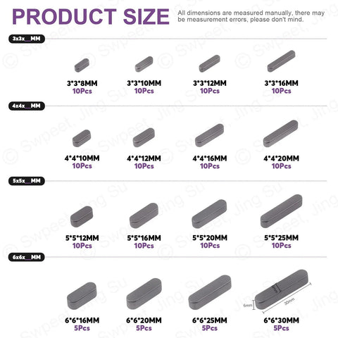 Heavy Duty Pro Grade Key Stock Set With 140 Pcs In 16 Sizes 3mm 4mm 5mm 6mm Carbon Steel Round Ended Feather Keys And Parallel Drive Shaft Keys For Fasteners And Mechanical Projects In A Convenient Storage Box For Shop Garage Or Workshop, showing product sizes and quantities.