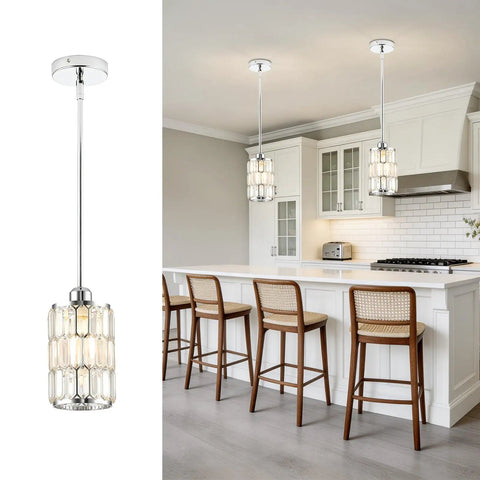 etiruety Adjustable Modern Crystal Chrome Pendant Lights Kitchen Island in a kitchen with a modern design and wood seating.