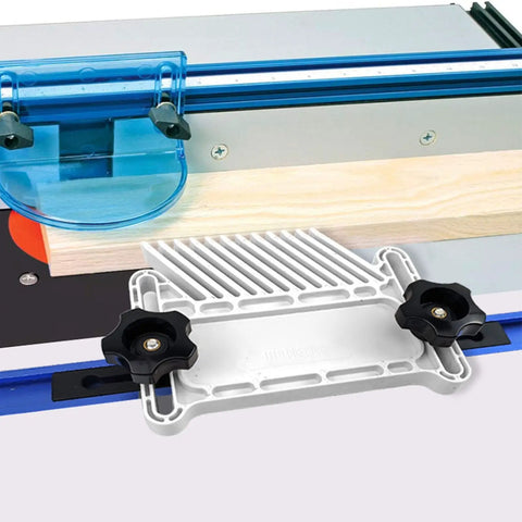 Boss Level Adjustable Featherboard Kit With Stackable Safety Guide And T Track Miter Slot Locking System For Table Saw And Router Tables, close-up view on adjustable featherboard with wood piece.