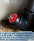 Red end-of-pipe test plug installed in a black PVC drain fitting; metal screw with wingnut visible.