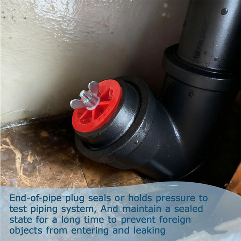 Red end-of-pipe test plug installed in a black PVC drain fitting; metal screw with wingnut visible.