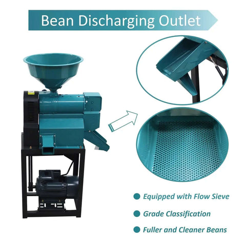 Commercial Coffee Cocoa Bean Huller And Dehuller Peeling Machine with bean discharging outlet and flow sieve details.