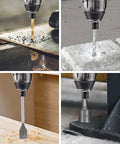 ENERTWIST drill bit set; gold-coated twist drill drilling metal sheet.
ENERTWIST drill bit set; silver twist drill drilling concrete block.
ENERTWIST drill bit set; long silver bit drilling wood.
ENERTWIST drill bit set; bit with 1/2-inch drive adapter.
