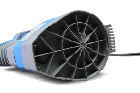Bottom view of Submersible Clean Water Sump Pump One Third HP With Built In Automatic On Off And Adjustable Start Heights 1560 GPH 20 Foot Head Thermal Protector Copper Winding Hands Free Water Removal Portable Handle Heavy Duty Home And Workshop Drain Pump.