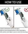 Correct and incorrect usage of Six Inch Digital Caliper Stainless Steel Measuring Tool with large LCD, displaying measurements.