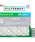 FilterBuy 20x20x1 MERV 8 indoor air filter, 4-pack, electrostatic pleated HVAC replacement.