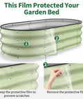 Raised Garden Bed 4x2 Ft Oval Open Bottom Galvanized Steel, 12 Inch Deep For Outdoor Veggies And Herbs, Rust Resistant Metal Planter with protective film being removed