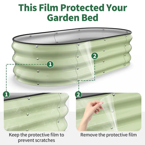 Raised Garden Bed 4x2 Ft Oval Open Bottom Galvanized Steel, 12 Inch Deep For Outdoor Veggies And Herbs, Rust Resistant Metal Planter with protective film being removed