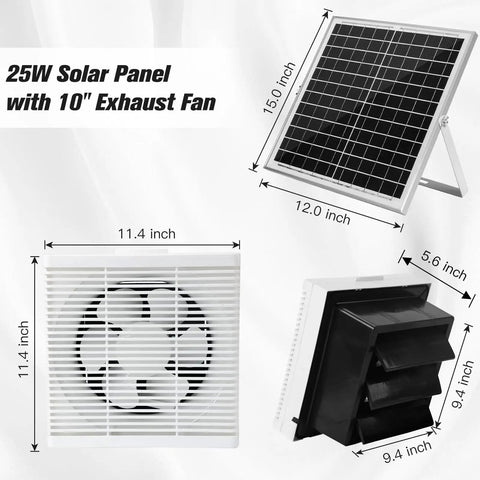 Solar Powered Exhaust Fan With A Ten Inch Shutter Vent For Outdoor Greenhouse, Chicken Coop, Shed And Pet House, 25W Panel Ventilation Keeps Air Fresh And Moving Fast