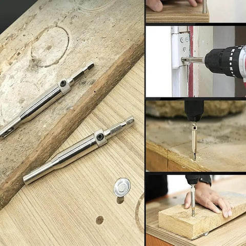 Knockout Four Piece Hinge Mortising Drill Bit Set With One Quarter Inch Hex Shank And Included Allen Wrench Built From Hella Tough High Speed Steel in use on wood.