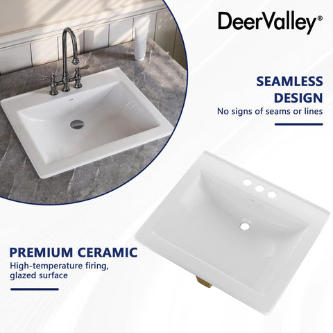 Slick White Ceramic Drop In Bathroom Sink 21 By 18 Inch Rectangle Basin with three holes and seamless design.