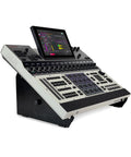 XTS Desktop Stand for Studio Gear with mixer showing extendable range from 11.8 to 20.8 inches, durable black steel frame, angled view