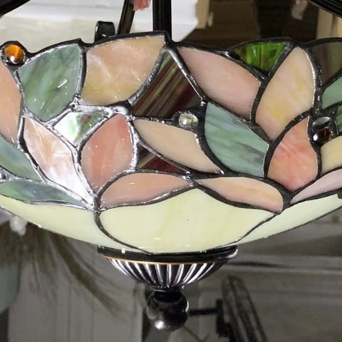 Detail of Pink Wisteria Tiffany Style Stained Glass Semi Flush Mount Ceiling Light With Close To Ceiling Design, Handmade Glass Fixture