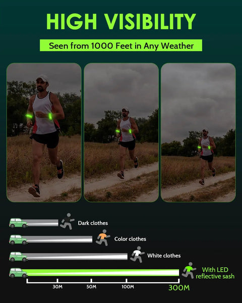 Runner wearing Rechargeable LED Armband Set For Night Safety, 2 Pack High Visibility Slap Wristbands With 5 Color Options, outdoors.