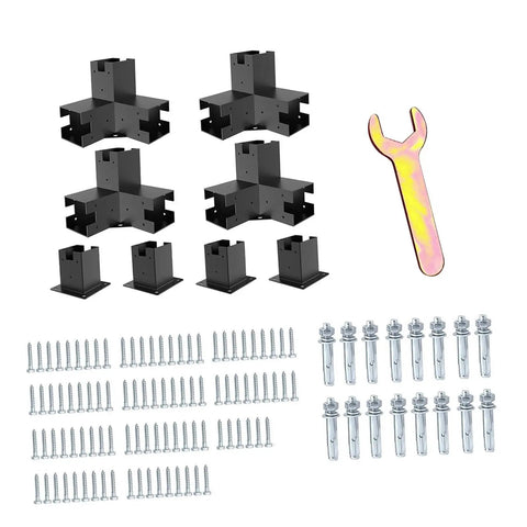 Top Shelf 3 Way Right Angle Corner Brackets And Heavy Duty Post Mounts For No Sweat DIY Pergola Builds Complete Garden Hardware Set With Self Tapping Screws Expansion Anchors And Wrench For Quick Yard Upgrades.
