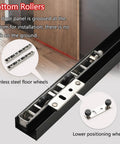 Bottom rollers of Slick Hidden Track Sliding Door Hardware With Invisible Floor Rail For Bedrooms And Bathrooms Featuring Soft Close Mechanism.