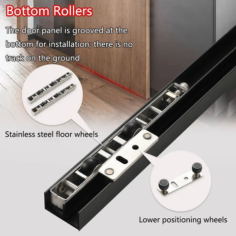 Bottom rollers of Slick Hidden Track Sliding Door Hardware With Invisible Floor Rail For Bedrooms And Bathrooms Featuring Soft Close Mechanism.