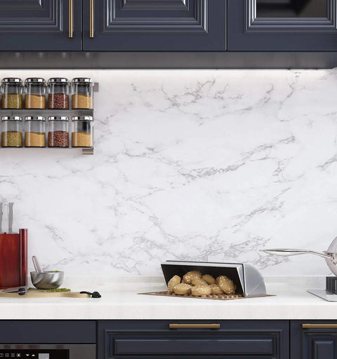 Kitchen backsplash with Charcoal Grey Marble Contact Paper Peel And Stick Self Adhesive Waterproof Vinyl, marbled design.