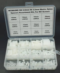 Nylon Round Unthreaded Spacers Kit For M3 Screws, 300 Pc White Assortment shown in box, with 5mm OD and 3.2mm ID dimensions.