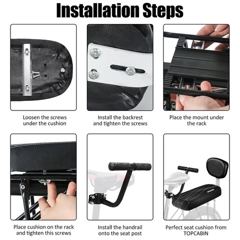 Installation steps for Kids Bicycle Back Seat Cushion With Armsrest And Backrest, showing screws, backrest, and mount placement.