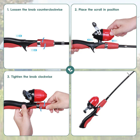 Instruction guide for Two Pack Kid Friendly Fishing Pole Kit With Portable Telescopic Rod showing assembly steps.